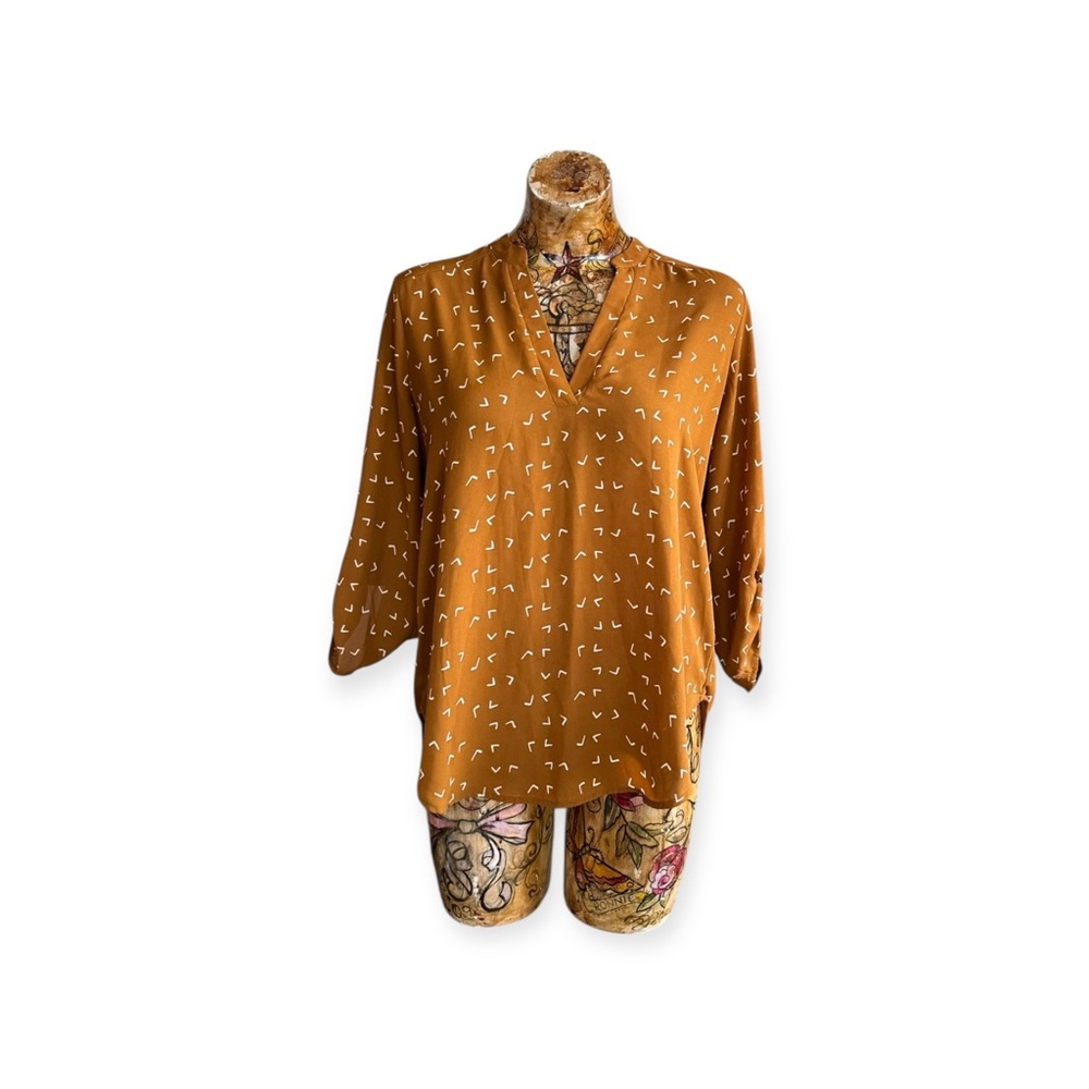 LUSH brown white blouse top sheer sleeve medium
